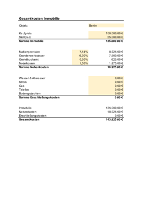Immobilien: Anschaffungskosten für eine Immobilie (Excel). XLS Datei