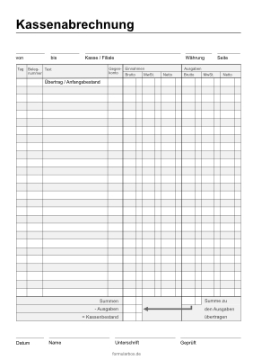 Druckvorlage Kassenbuch Vorlage Zum Ausdrucken Pdf Kostenlos