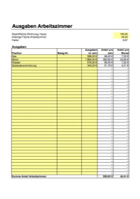 Anteilige Kosten Arbeitszimmer (Excel) - Excel-Tabelle Kosten Arbeitszimmer. Arbeitshilfe zur einfachen Berechnung der anteiligen Kosten eines häuslichen Arbeitszimmers.