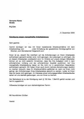 Personal, Bewerber: Musterbrief: Kündigung Arbeitsverhältnis wegen Arbeitsleistung. DOC Datei