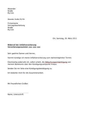 Sonstiges: Musterbrief: Widerruf Abschluss Unfallversicherung. DOC Datei