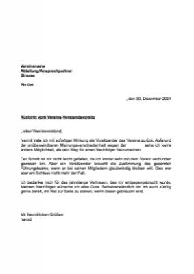 Vereine, Mannschaften: Musterbrief: Rücktritt Vereins-Vorstandsvorsitz. DOC Datei