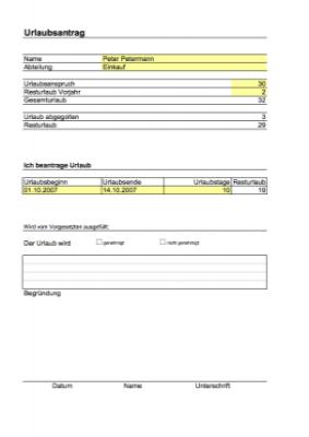 Urlaubsantrag (Excel) - Excel-Tabelle Urlaubsantrag. Der Antrag enthält auch eine Übersicht über bereits abgegoltenen Urlaub.