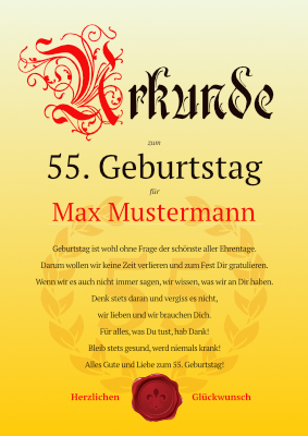 Urkunde zum 55. Geburtstag (Liebe ...) - Geburtstagsurkunde zum 55. Geburtstag mit Texteindruck 'Wir lieben Dich'.