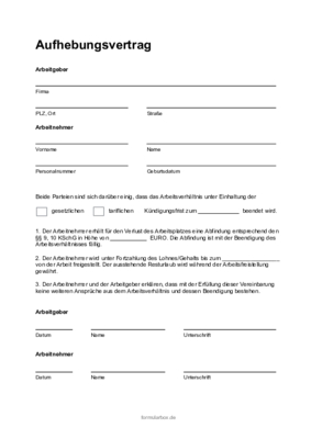 Formular, Vordruck: Aufhebung des Arbeitsvertrages mit Abfindung. Personal, Bewerber: Aufhebungsvertrag mit Abfindung (PDF). PDF Datei
