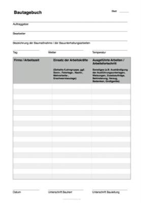 Bautagebuch (PDF) - Formular Bautagebuch für den Bauherren oder Bauleiter als PDF-Datei.