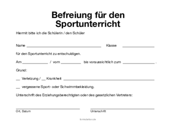 Beruf, Schule, Kita: Bescheinigung Befreiung Sportunterricht. PDF Datei