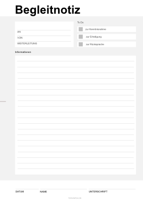 Notiz: Begleitnotiz Formular, Vordruck: Begleitnotiz im Hochformat. Druckbares Pdf-Formular im A4-Hochformat.