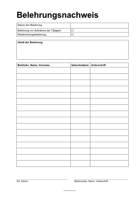 Belehrungsnachweis (PDF) Formular, Vordruck: Belehrungsnachweis für Mitarbeiter. Vorlage im DIN-A4 Hochformat zum Ausdrucken.