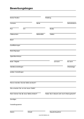 Bewerbungsbogen (PDF) Formular, Vordruck: Bewerbungsbogen, wichtige Bewerber Informationen für den Arbeitgeber.