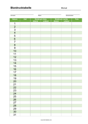 Blutdrucktabelle, Groß, Grün, Monat (PDF) Formular, Vordruck (Grün): Blutdruckmessung. Darstellung des Blutdruckes über einen Monat.