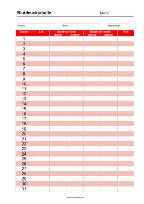 Blutdrucktabelle, Groß, Rot, Monat (PDF) Formular, Vordruck (Rot): Blutdruckmessung. Darstellung des Blutdruckes über einen Monat.