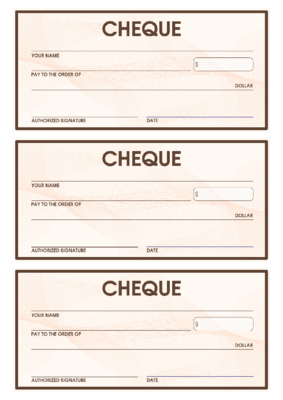 Checkbook, Dollar (Braun) Braune Vordrucke für einen Dollar Geldscheck (Cheque). Musterscheck Vorlage zum Ausdrucken auf einem weißen Blatt.