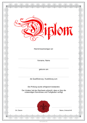 Diplom, klassisch in Grau und Rot Klassisches Diplom in Grau und Rot mit Siegel für Qualifizierung und Ausbildung.