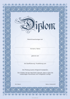 Diplome, Zertifikate: Diplom, klassisch in Blau. PDF Datei