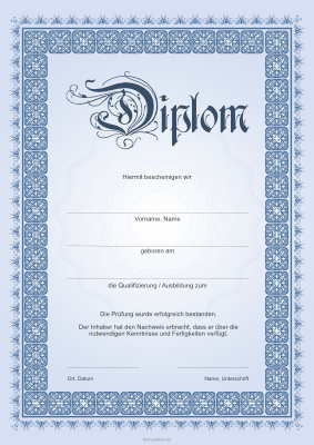 Diplom, klassisch in Blau Klassisches Diplom in Blau für Qualifizierungen und Ausbildungen.