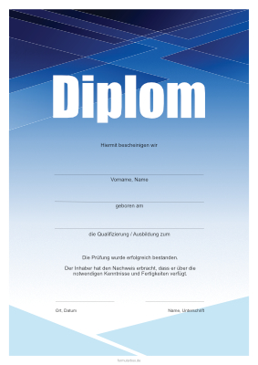 Modernes Diplom in Blau und Weiß für Qualifizierung und Ausbildung. Diplom, modern in Blau und Weiß als PDF Datei