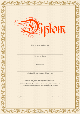Modernes Diplom in Gold und Rot für Qualifizierung und Ausbildung. Diplom, klassisch in Gold und Rot als PDF Datei