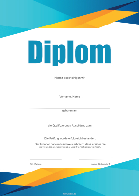 Diplom, modern in Blau und Gelb Modernes Diplom in Blau und Gelb für Qualifizierung und Ausbildung.