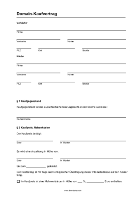 Domain Kaufvertrag (PDF) Formular, Vordruck: Vertrag über den Verkauf einer Internet-Adresse (Domain).
