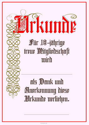 Urkunden Ehrung: Ehrenurkunde für 10-jährige Mitgliedschaft. PDF Datei