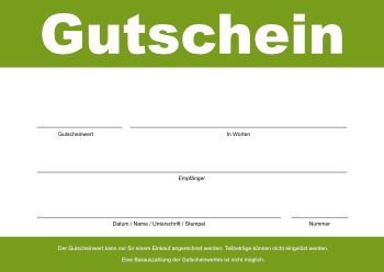 Grüner Blanko Einkaufsgutschein für Händler oder Dienstleister. Ohne Barauszahlung. Einkaufsgutschein (Grün) als PDF Datei