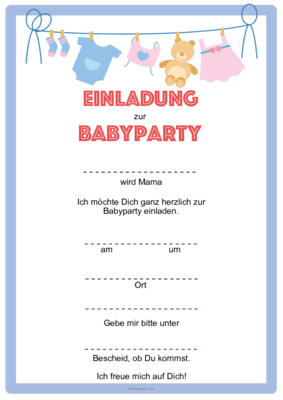 Vorlage für eine blaue Einladung zur Babyparty zum Ausdrucken. Einladung zur Babyparty (Blau) als PDF Datei