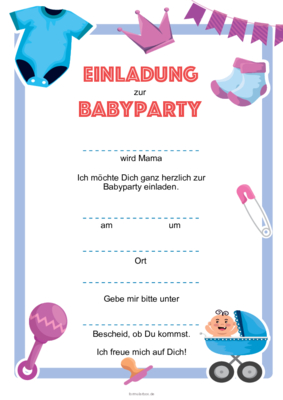 Vorlage für eine Einladung zur Babyparty für einen Jungen zum Ausdrucken. Einladungen: Einladung zur Babyparty (Junge). PDF Datei