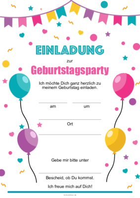 Einladung zum Geburtstag (Party) Einladungskarte, Geburtstagseinladung zur Geburtstagsfeier, Kindergeburtstag mit Wimpeln und Luftballons.