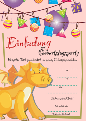 Einladung zum Kinder-Geburtstag, Dino (Gelb) Einladungskarte, Geburtstagseinladung zur Geburtstagsparty, Kindergeburtstag, gelber Dino und Wimpeln.