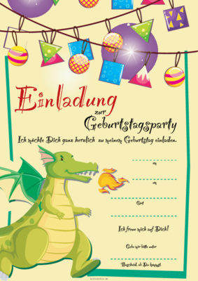 Einladungskarte, Geburtstagseinladung zur Geburtstagsfeier, Kindergeburtstag, grüner Dino und Wimpeln. Einladung zum Kinder-Geburtstag, Dino (Grün) als PDF Datei