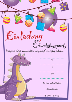 Einladungen: Einladung zum Kinder-Geburtstag, Dino (Lila). PDF Datei
