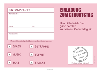 Einladung zum Geburtstag (Rezept) Einladungskarte, Geburtstagseinladung zur Geburtstagsparty oder Kindergeburtstag als Privatrezept.