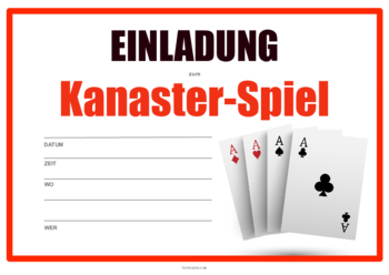 Einladungskarte zu einem Kanaster-Match. Karte mit vier Assen. Einladung zum Kanaster-Spiel als PDF Datei