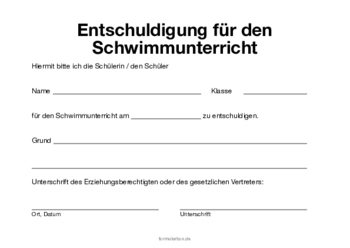 Beruf, Schule, Kita: Entschuldigung, Schwimmunterricht. PDF Datei