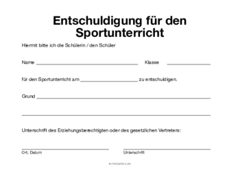 Beruf, Schule, Kita: Entschuldigung, Sportunterricht. PDF Datei