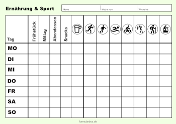 Fitness, Gesundheit: Tabelle Ernährung und Sport. PDF Datei