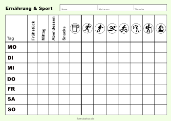 Formular, Vordruck: Tabelle Ernährung und Sport. Tabelle Ernährung und Sport als PDF Datei