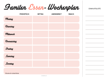 Formulare, Vordrucke: 3 Familen-Wochen-Speisepläne. Wochenplan mit Einkaufsliste im Querformat. Speiseplan, Familien-Wochenpläne als PDF Datei