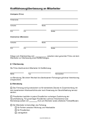 Firmenfahrzeug Vereinbarung (PDF) Formular, Vordruck: Vereinbarung über die Nutzung eines Firmenwagens zur privaten und geschäftlichen Nutzung.