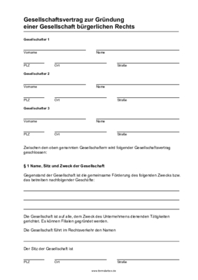GbR Gesellschaftsvertrag (PDF) Formular, Vordruck: GBR-Vertrag, Gesellschaftsvertrag zum Ausdrucken.