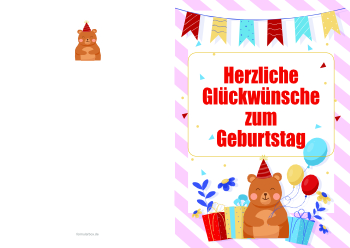 Grußkarte, Geburtstagskarte mit Bär und blauen Motiven. Glückwunschkarte zum Ausdrucken. Geburtstagskarte, Bär, Rot als PDF Datei