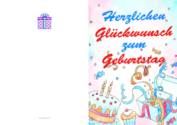 Grußkarten: Geburtstagskarte, Geburtstagstorte mit Geschenk. PDF Datei
