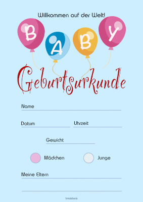 Geburtsurkunde, Baby, Blau Geburtsurkunde für ein Baby mit Texteindruck in Blau. Blaue Urkundenvorlage im DIN-A4 Hochformat zum Ausdrucken.