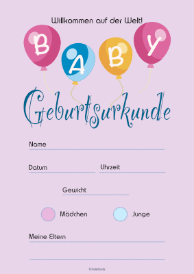 Geburtsurkunde für ein Baby mit Texteindruck in Rosa. Geburtsurkunde, Baby, Rosa als PDF Datei
