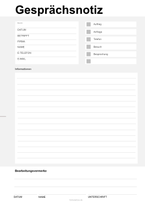 Notiz: Gesprächsnotiz Formular, Vordruck: Gesprächsnotiz im Hochformat. Druckbares Pdf-Formular im A4-Hochformat.
