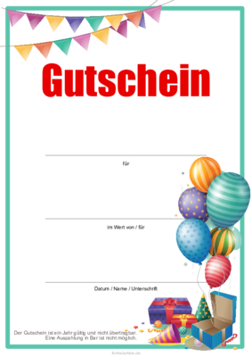 Gutschein zum Geburtstag, Ballons Geburtstagsgutschein zum Verschenken mit Wimpeln und Luftballons zum Ausdrucken.