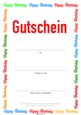 Gutschein zum Geburtstag, Happy Birthday Geburtstagsgutschein zum Verschenken mit Happy-Birthday-Schriftzügen zum Ausdrucken.