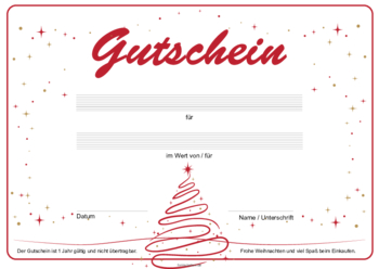 Weihnachtsgutschein, Weihnachtsbaum, Sterne Moderner Weihnachtsgutschein mit Sternen und einem rotem Weihnachtsbaum zum selbst Drucken.