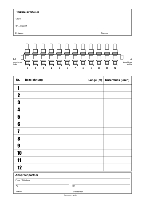 Heizkreisverteiler, Beschriftung Formular, Vordruck zur Dokumentaion, Beschriftung eines Heizkreisverteilers. Heizkreisverteilerliste Fußbodenheizung.